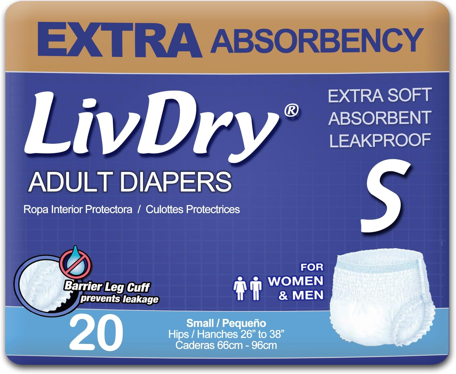 LivDry Adult Incontinence Underwear, Extra Comfort Absorbency, Leak Protection, Small, 20-Pack