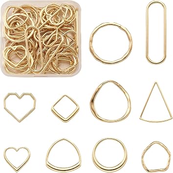 Craftdady 60pcs Golden Open Back Bezel Charm Assorted Heart Round Oval Rhombus Geometric Blank Hollow Frame Pendants Linking Rings for DIY Earrings Necklaces Resin Jewelry