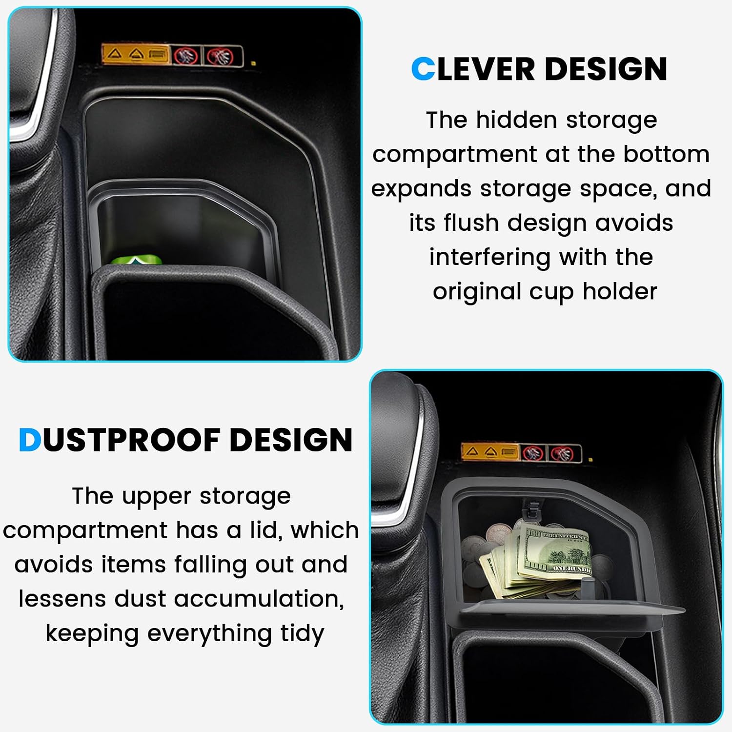 2PCS Center Console Cup Holder Organizer Compatible with 2023 2024 2025 2026 Toyota Grand Highlander Insert Coin Storage Box Interior Accessories