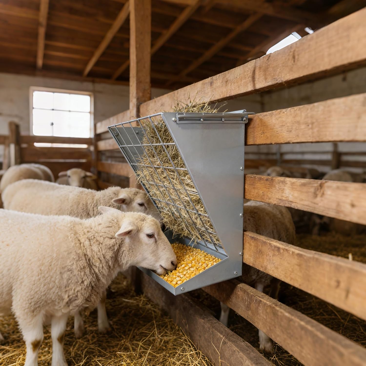 PeakPursuit Wall Mount Hay Feeder, 2 in 1 Hay & Grain Livestock Feeder, Heavy Duty Metal Wall Mount Hay Rack with Adjustable Distance for Goats, Sheep, Horse, Cattle, Indoor Outdoor Uses
