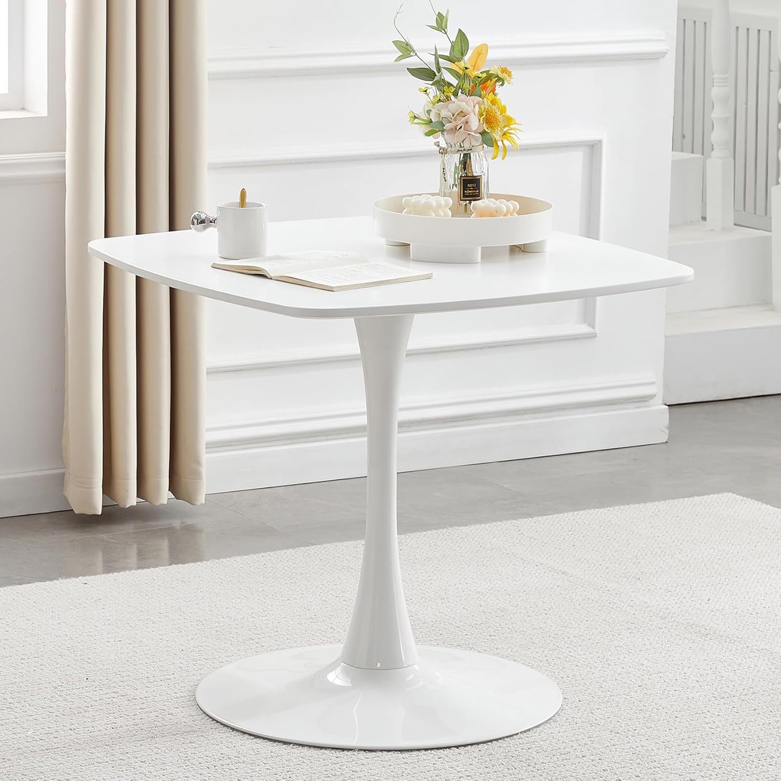 Petite table tulipe moderne du milieu du siècle avec socle en métal pour salle à manger carrée pour salon, café et bureau 60 cm