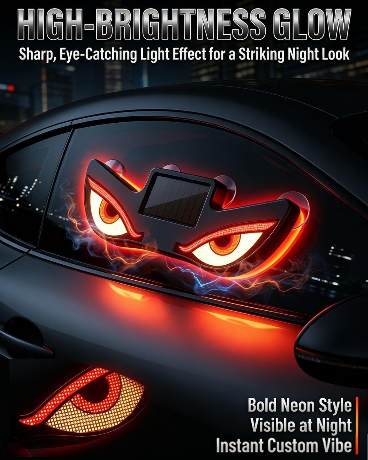Solar Powered Devils Eyes LED Car Light, Devil Eyes Lights Dynamic Windshield Ambient Lamp with Vibration & Light Sensor, USB-C Rechargeable, 5 Modes, Suction Mount