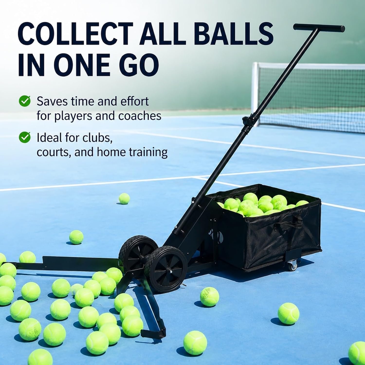 Raccoglitore di Palline da Tennis, Raccoglitore Portatile di Palline da Pickleball, capacità 120 Palline, Ruota Girevole A 360°, Carrello Pieghevole per Una Facile Raccolta, per Allenamento E