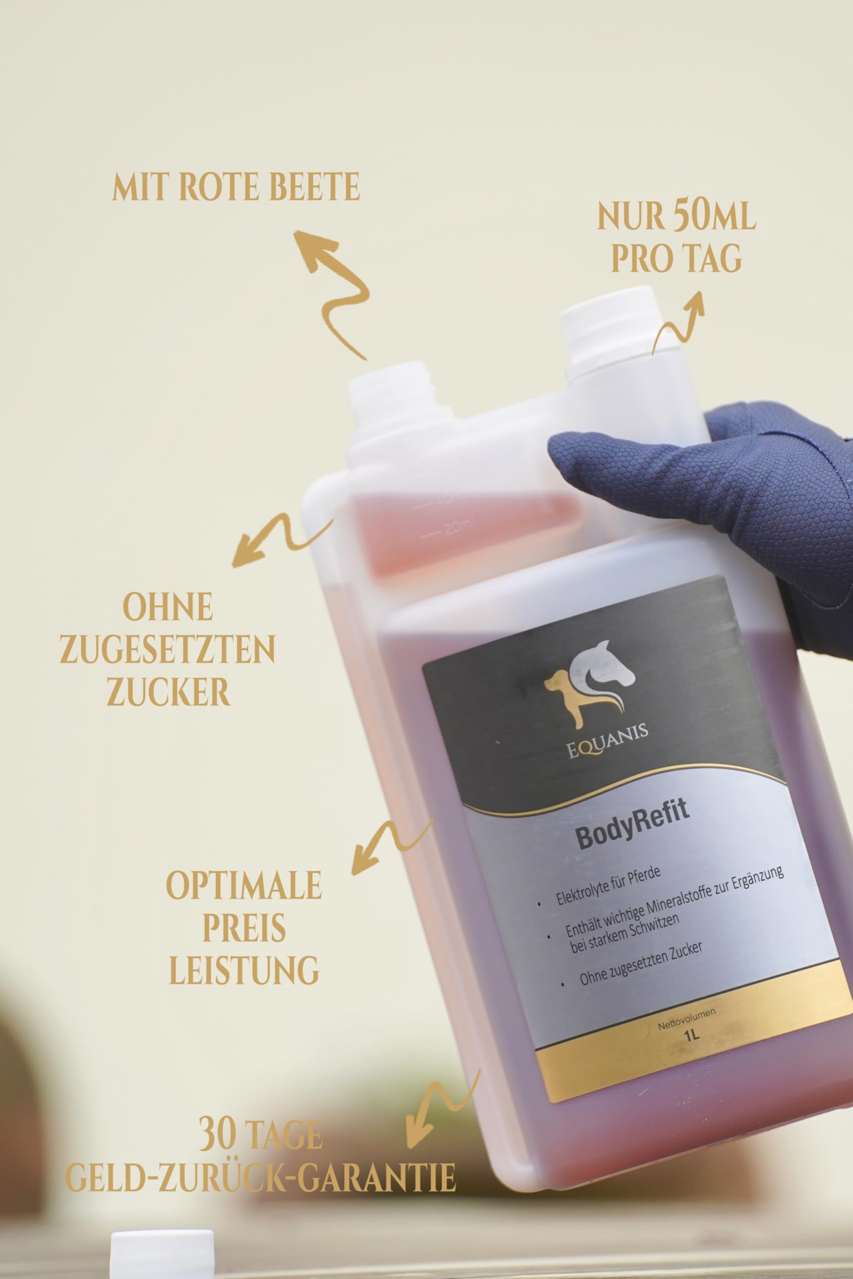Equanis BodyRefit - Elektrolyte für Pferde in Premium-Zusammensetzung. Kann einen Elektrolytmangel nach starken Schwitzen vorbeugen. Mit RoteBeete anstatt Zuckerzusätze