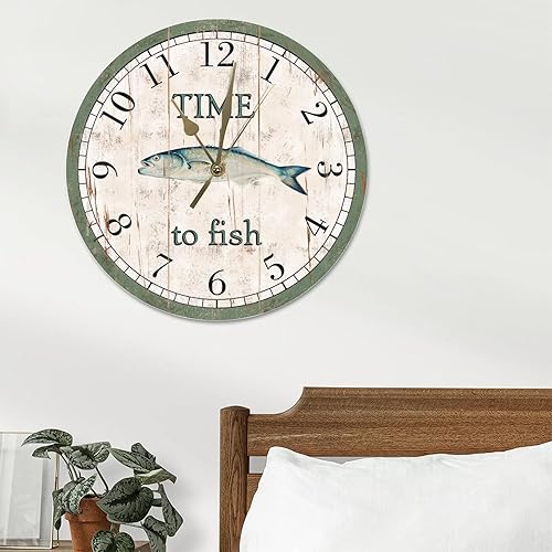 Miniatura 4 de Time to Fish - Reloj de pared de madera para colgar en espadín, océano, mar, silencioso, sin tictac, funciona con pilas, 15 pulgadas, impresión de