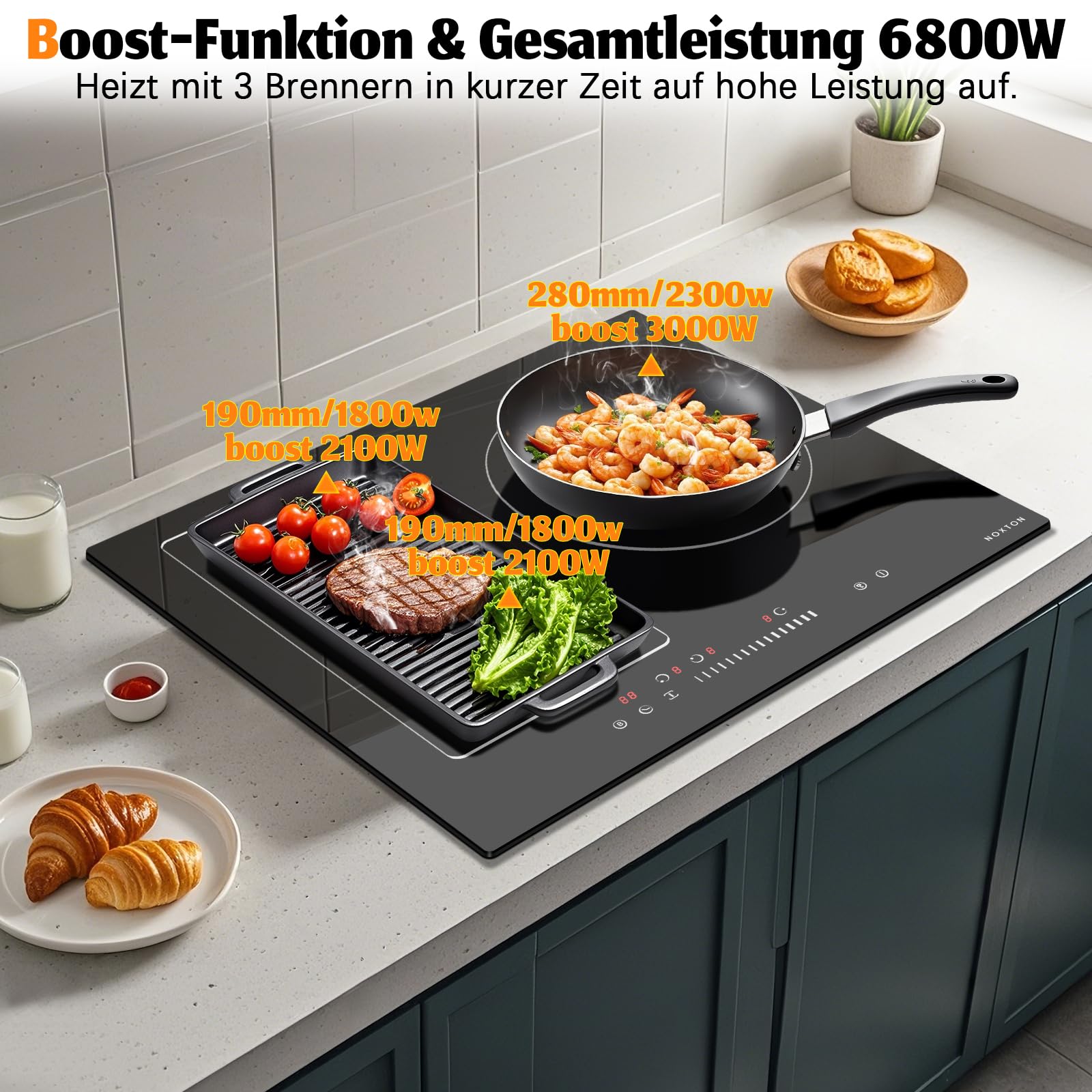 NOXTON Placa de Inducción 3 Fuegos, 60 cm, Flex Zone, Sin Enchufe | Funcion Boost, Control Táctil, Placa de Inducción Integrada, Bloqueo Para Niños, Temporizador, 6800 W