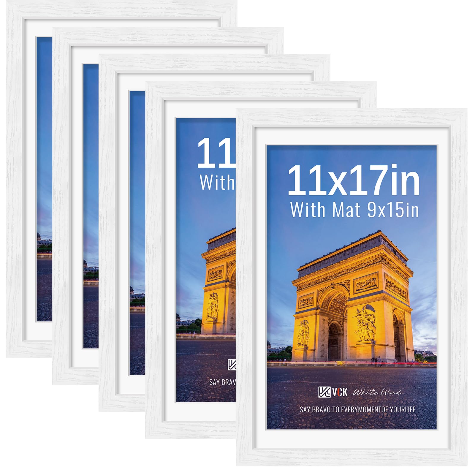 VCK 11x17 Picture Frame 5 Pack, White Exclusive Wood, HD Glass, for Print