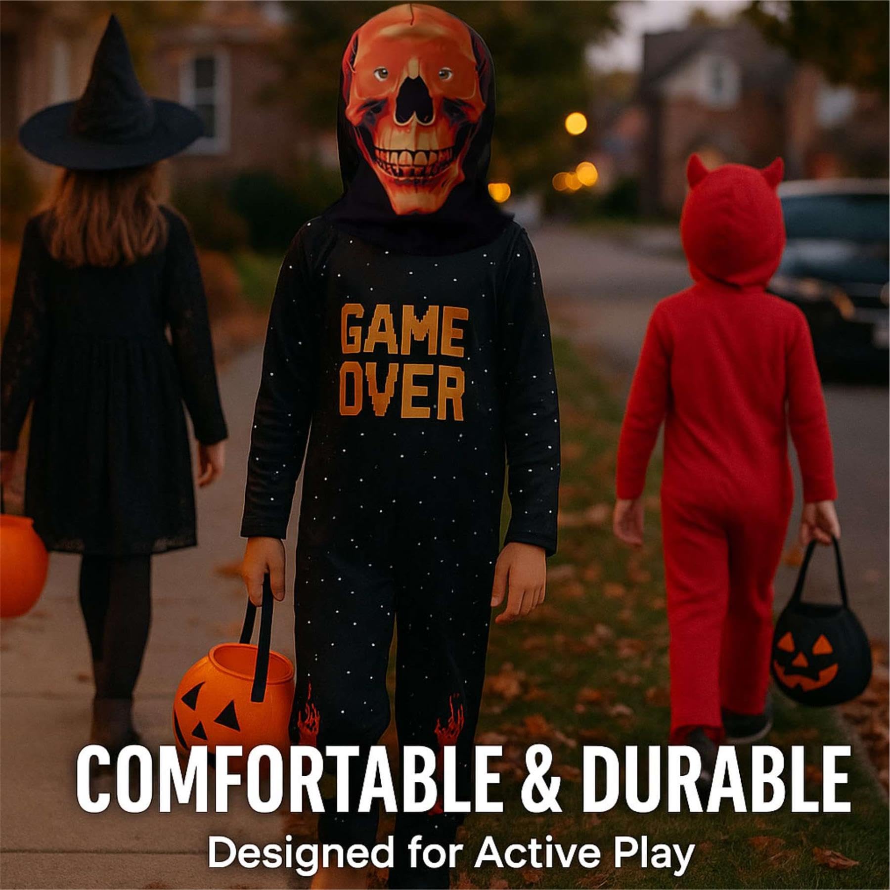 A2Z 4 Kids Kostium szkieletu dla chłopców i dziewcząt, kostium na Halloween, fantazyjna sukienka z czaszką, maska z kapturem, upiorny gracz, cosplay, kombinezon na imprezy typu cukierek albo psikus