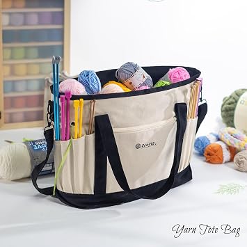 MYBAGZING Canvas Yarn Storage Organizer Bag Washable Crochet Bag with Pockets for Yarn, Hooks, Needles Travel Knitting Tote for Crafters Gift for Crocheters & Knitters (Medium/Large)