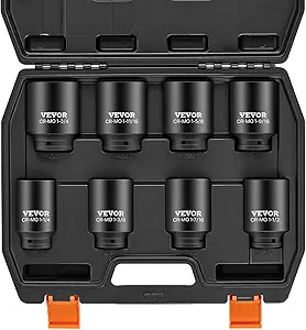 VEVOR Axle Nut Impact Socket Set - 1/2" Drive Deep 6-Point 8-Piece SAE Spindle Nut Socket CR-MO Heat Treated Large Socket Set with Storage Case for Auto Repair, Removing or Installing Axle Nuts