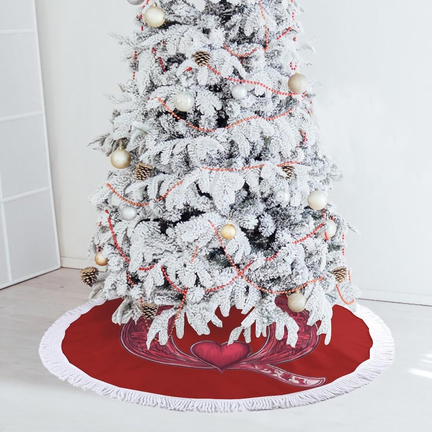 Queen of Hearts Funny Christmas Tree Skirt with Tassels Mat Decorations Under Xmas Trees