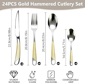 24 Piece Gold Hammered Cutlery Set, Stainless Steel Flatware | Silverware Set for 6, Mirror Polished Dinner Knife Fork Spoon, Dishwasher Safe, Gold Ribbon Motif for Home Restaurant