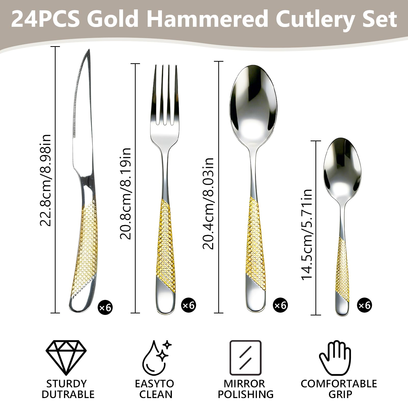 Juego de 24 cubiertos dorados – Cubertería de acero inoxidable para 6 personas con cuchillo, tenedor, cuchara, acabado espejo y apto para lavavajillas, diseño de lazo dorado