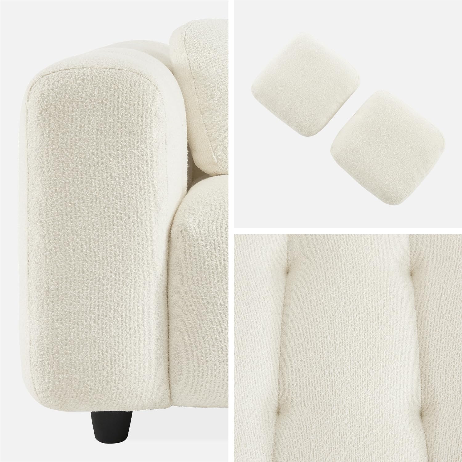 Alice's Garden sweeek - Canapé 3 Places en Bouclette texturée capitonné Blanc crème - Structure Bois d'eucalyptus et contreplaqué