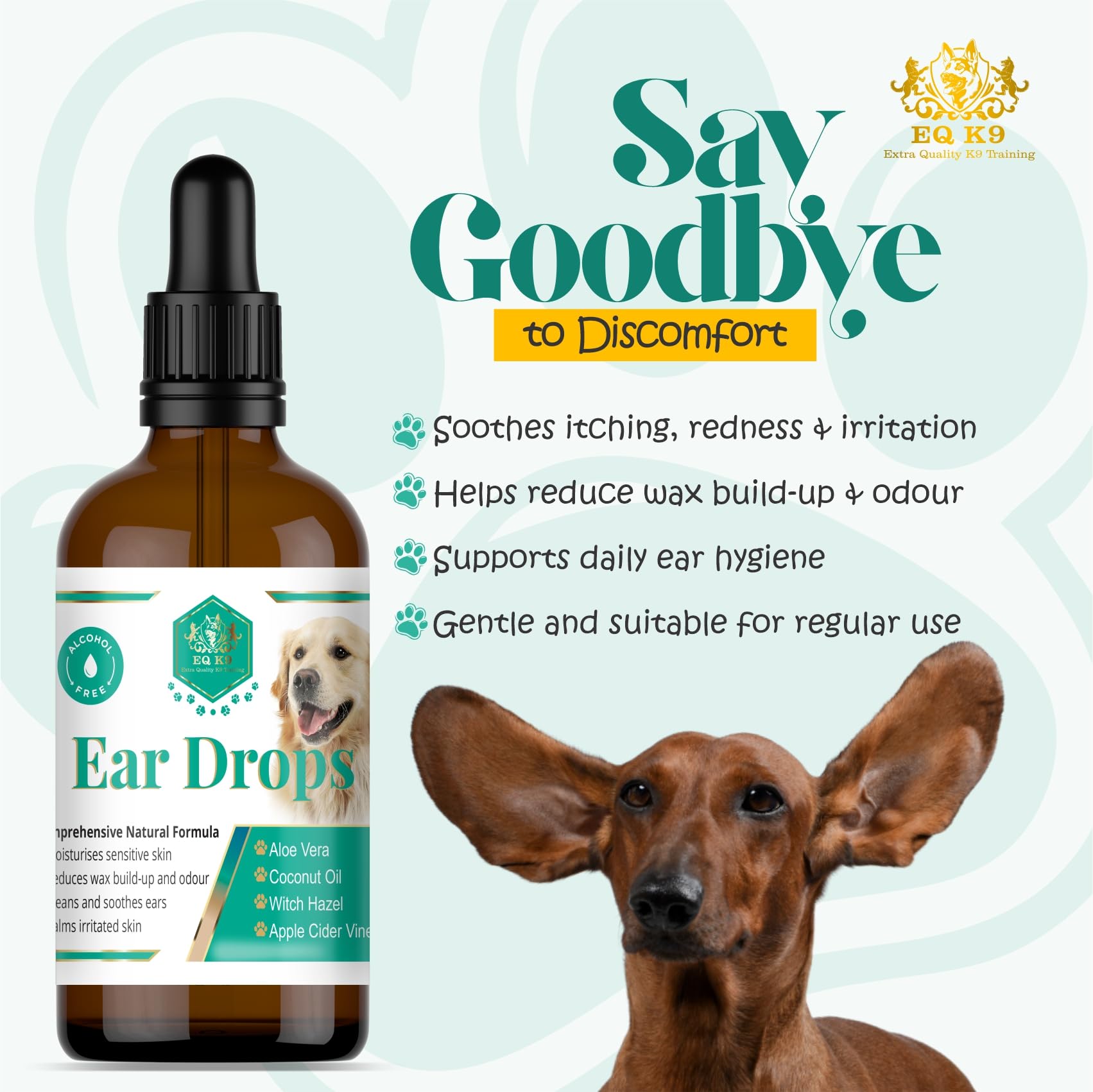 EQ K9 Dog Ear Drops, Natural Ear Cleaner for Dogs Soothes Itchy Ears, Removes Wax & Odour - Image 2