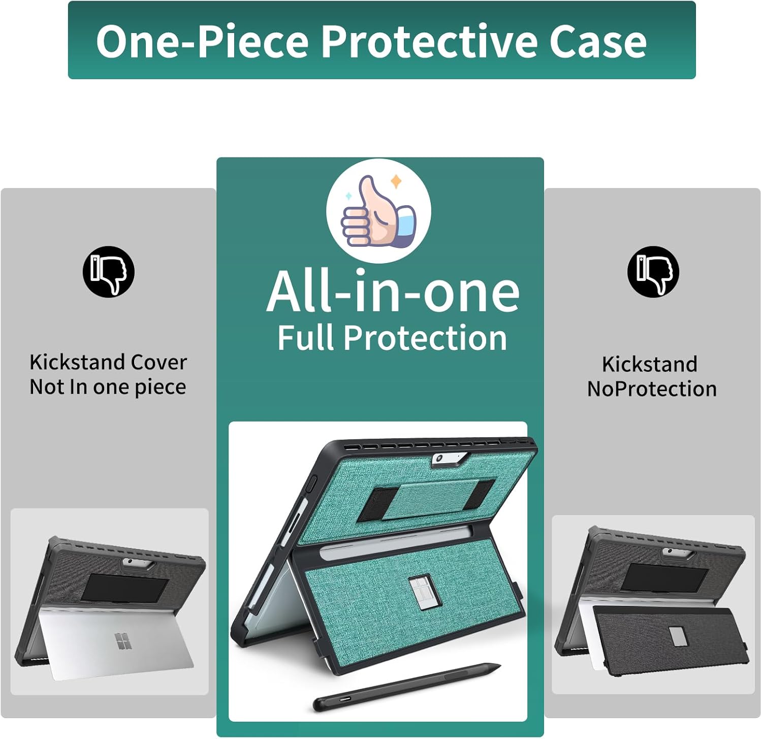 Case fit Microsoft Surface Pro 11/10/9/8 13-Inch, with Stent Cover, Hand Strap, All-in-one Rugged Case Compatible with Type Cover Keyboards, Cyan