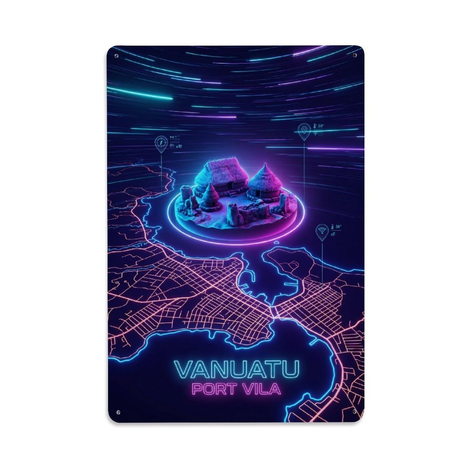 Vanuatu Vila Capital Cyber Synthwave Island Neon Travel Map Metal Tin Sign Plaque Wall Decor for Cafe, Man Cave, Club Bar, Office, Home Garden Round Metal Poster 8x12Inch