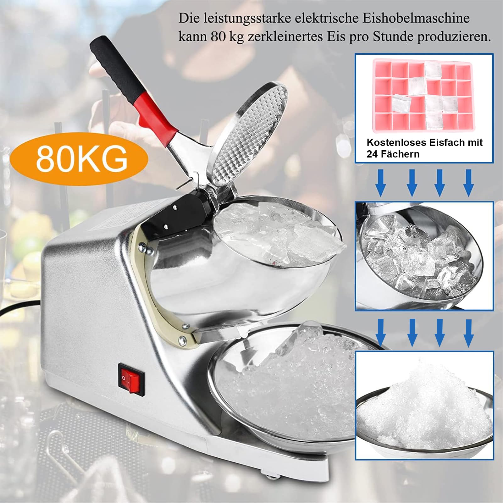 Elektrischer Ice Crusher,Ice Shaver Machine Doppelmesser Eiszerkleinerer, 80kg/hEismaschine Geeignet für Softdrinks, Cocktails、Slushy ice maker familie und gewerbliche Zwecke verwendet werden
