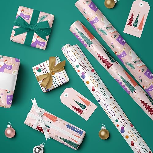 Vista 12 de LeZakaa Mini rollo de papel de regalo de Navidad azul, muñeco de nieve, reno, bola de cristal, árbol de copo de nieve, papel de regalo metálico