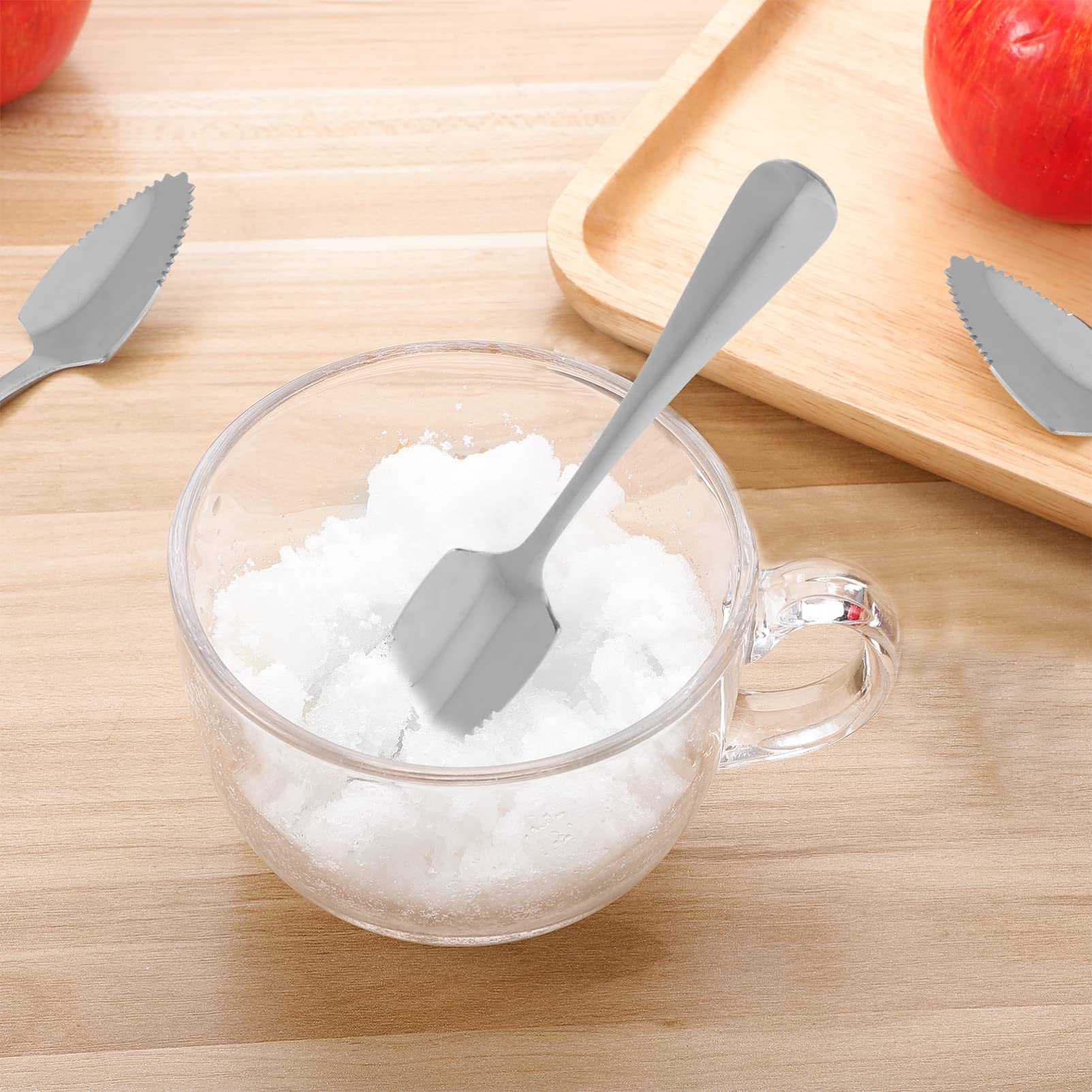 HOMSFOU 4 Stück Edelstahl Fruchtlöffel mit Gezackter Kante und Langem Griff für Grapefruit und Frisches Obst Weißer Griff für Babys Geeignet