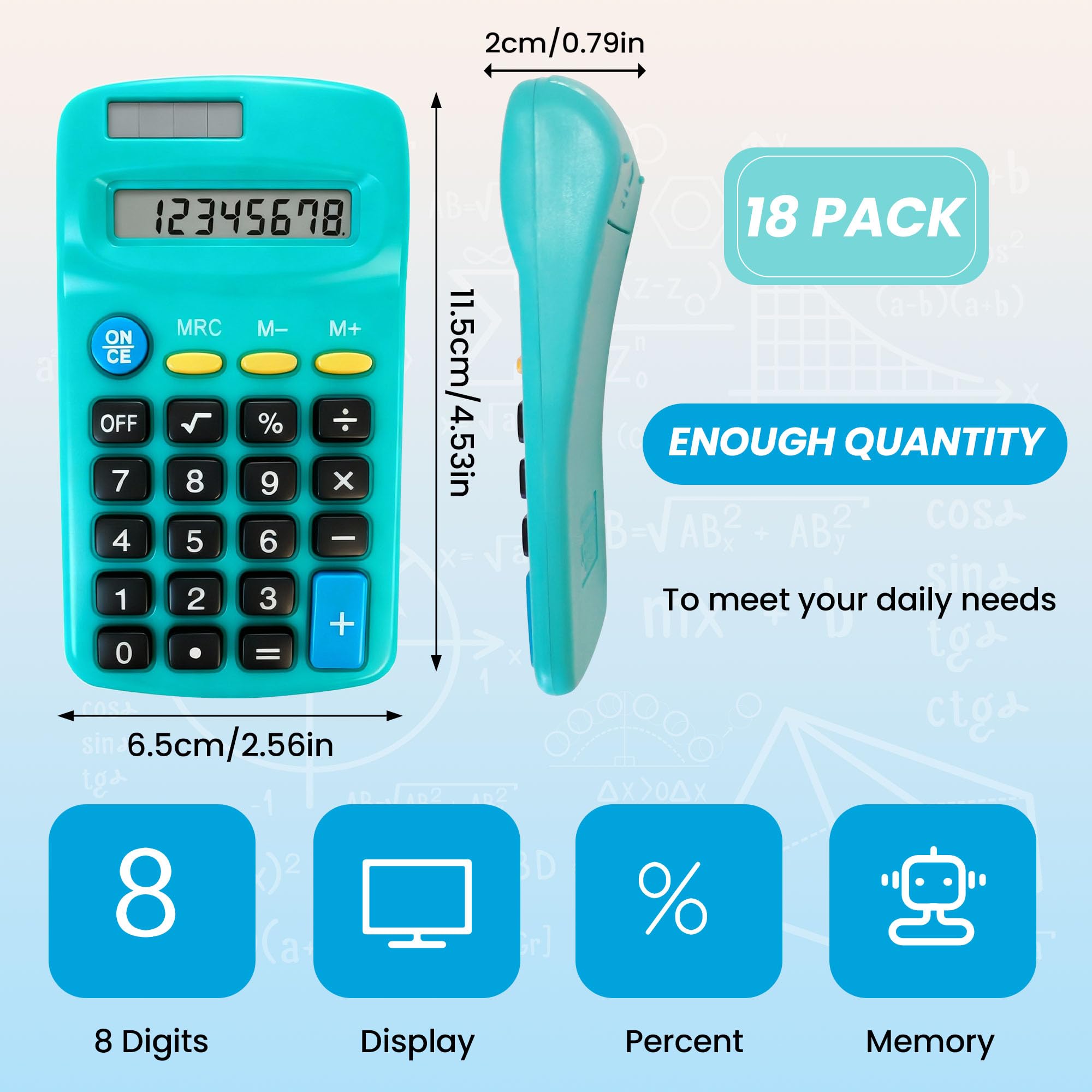 Lot de 18 calculatrices de poche en vrac : calculatrice de base à 8 chiffres, petite calculatrice à batterie solaire double alimentation pour salle de classe, étudiants, bureau, école, bureau à