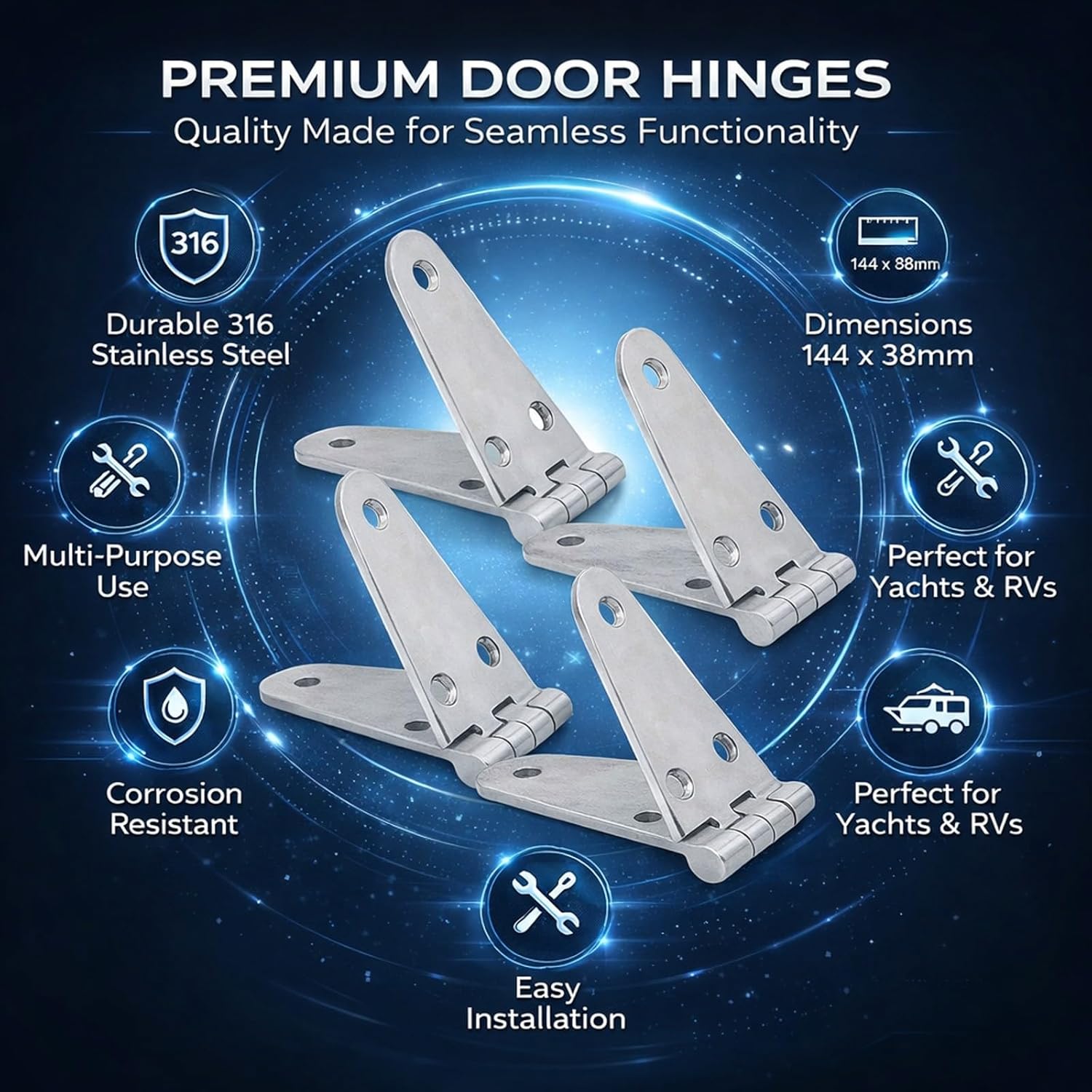 316 Stainless Steel Marine Grade Door Hinges, 4 - Pack, 144 x 38mm - Salt Water, Mirror Polished Finish for Boat Cabinets, Yachts & RV Hardware