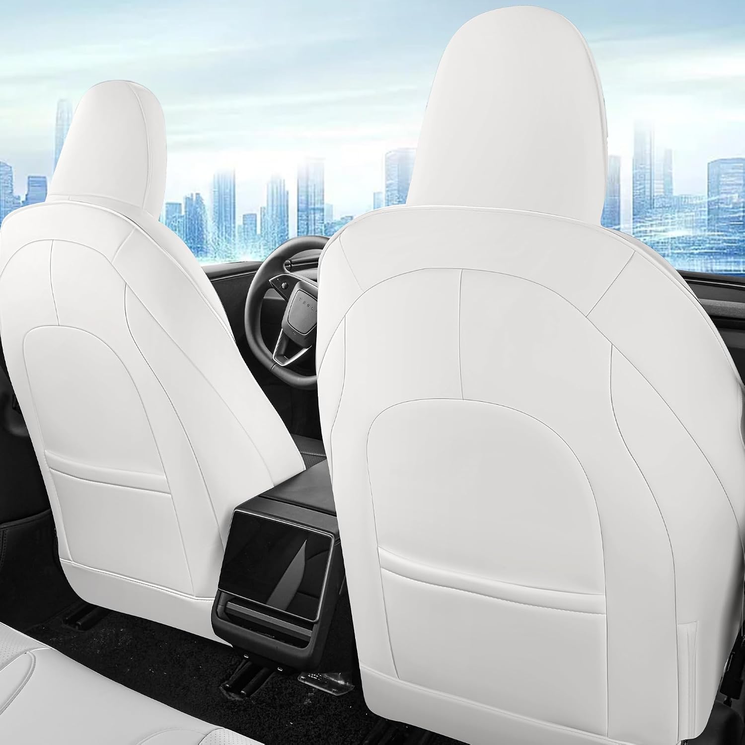 customized seat cover for tesla model 3 2024 2025 highland long range (not for performance) nappa leather car interior airbag compatible cushion cover full set (t3-white-24-25) 2024-2025 model 3 white