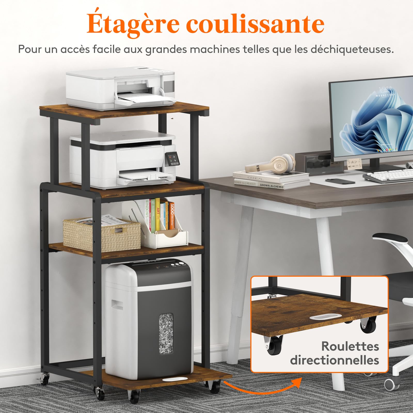 Lifewit Meuble Imprimante 4 Étages avec roulettes et Étagère de Rangement Ajustable pour Bureau à Domicile, Chariot D'imprimante pour Destructeur, Scanner, Brun Rustique, 53x40x112cm