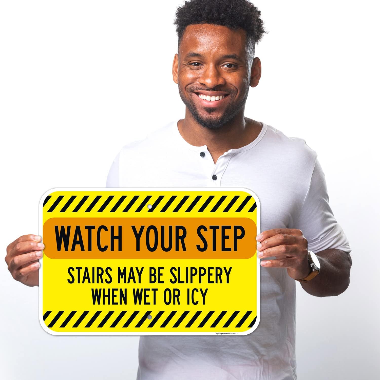 Watch Your Step Stairs May Be Slippery When Wet Or Icy Sign, 12x18 Inches, 55 mil thick HDPS (high density polystyrene), Made in USA
