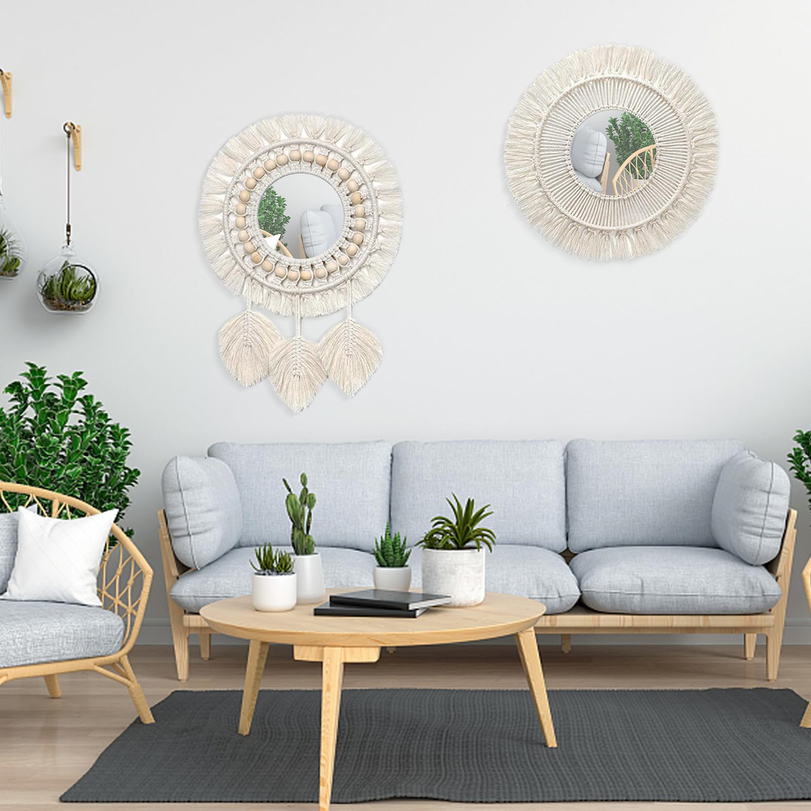 2 Pezzi Specchio da Parete in Macramè con Frange Tessute, Sospeso Boho Mirror Art Decor Macrame Fringe in Legno, Specchio Decorativo Rotondo da Appendere per Appartamento Soggiorno Camera da Letto