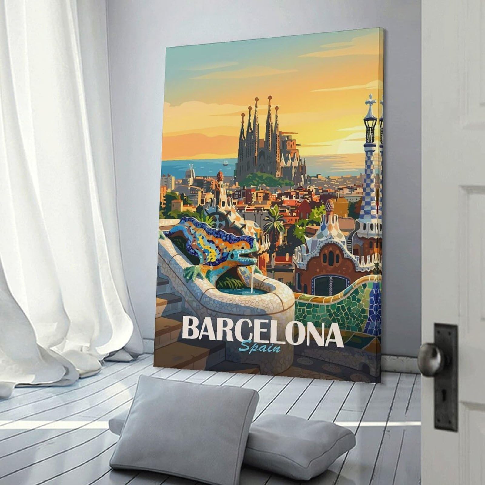 Junmoney Frame-Style-10 Barcelona Spain Travel (4) Room Decor Wall Art, 24X36inch(60X90cm), For Gallery Wall Decor And Room Displays, Decorative Artwork With Flexible Styling