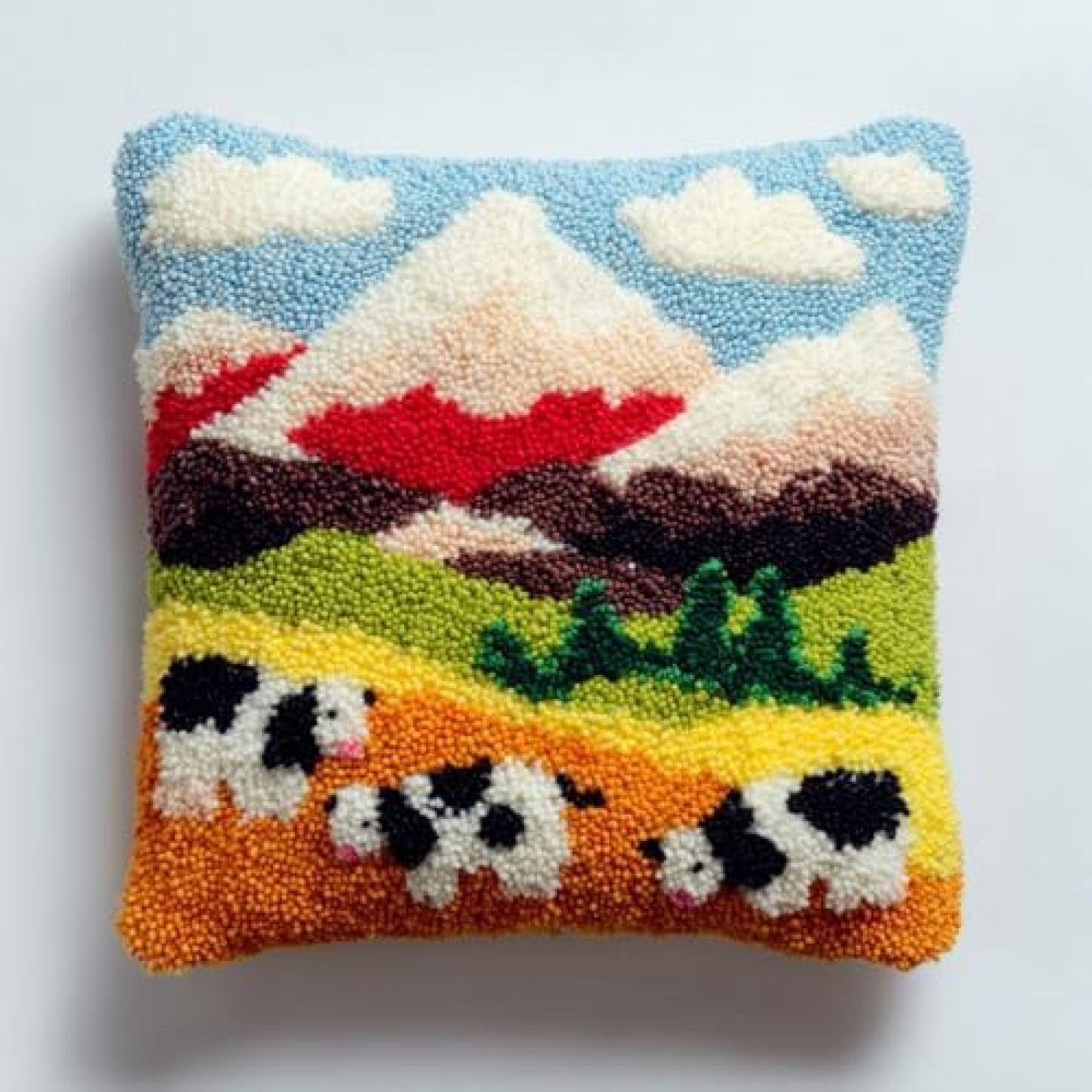kitphoenix Pre-Printed Latch Hook Cushion Cover Kit for Adults,Calf and Mountains,DIY Pillow Cover Craft Set with Yarn and Hook,43x43 cm