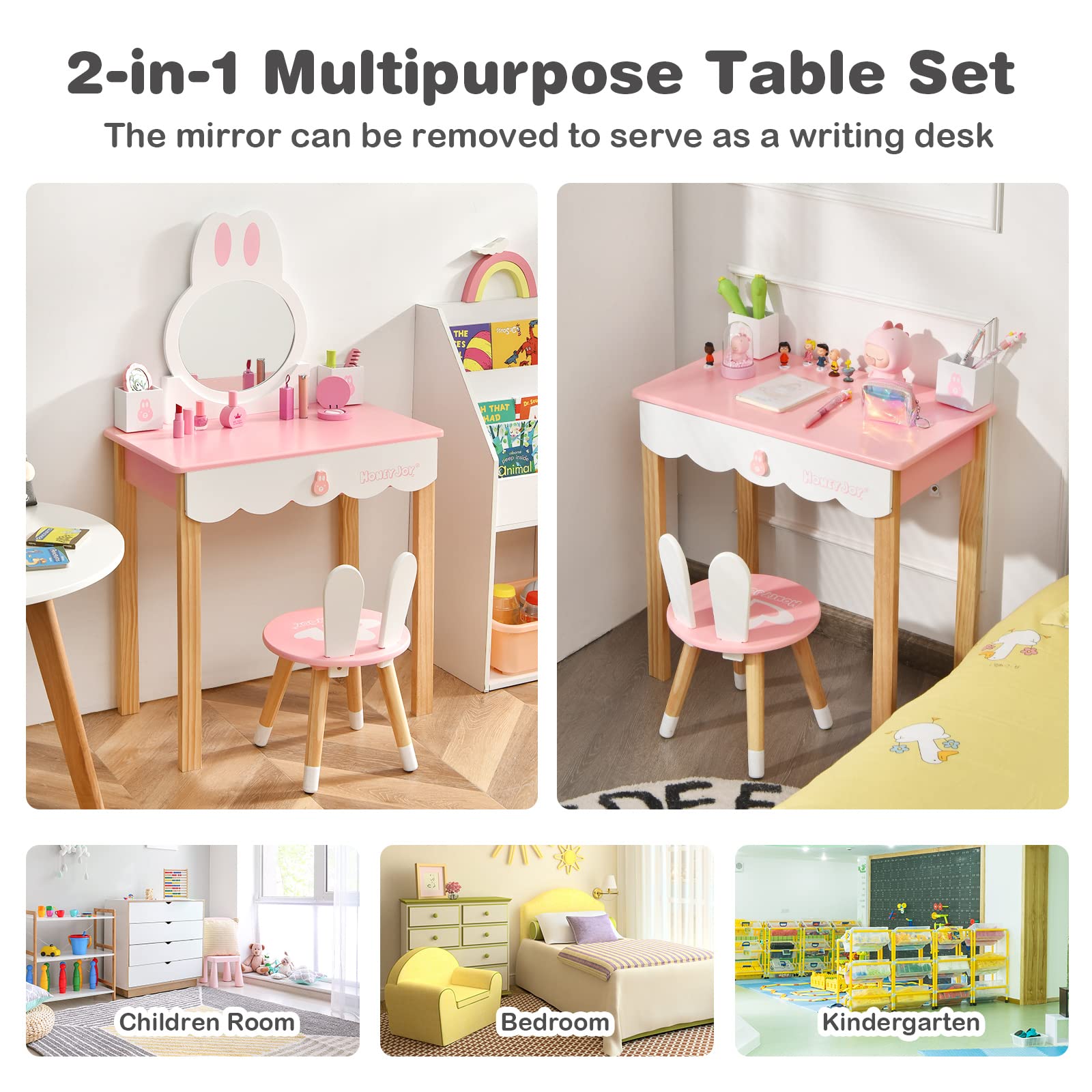 RELAX4LIFE 2 in 1 Toeletta Trucco Bambina con Sgabello, Scrivania con Specchio Rotondo Rimovibile, Cassetto con Manopola e 2 Organizer Porta Trucchi/Penne (Rosa)