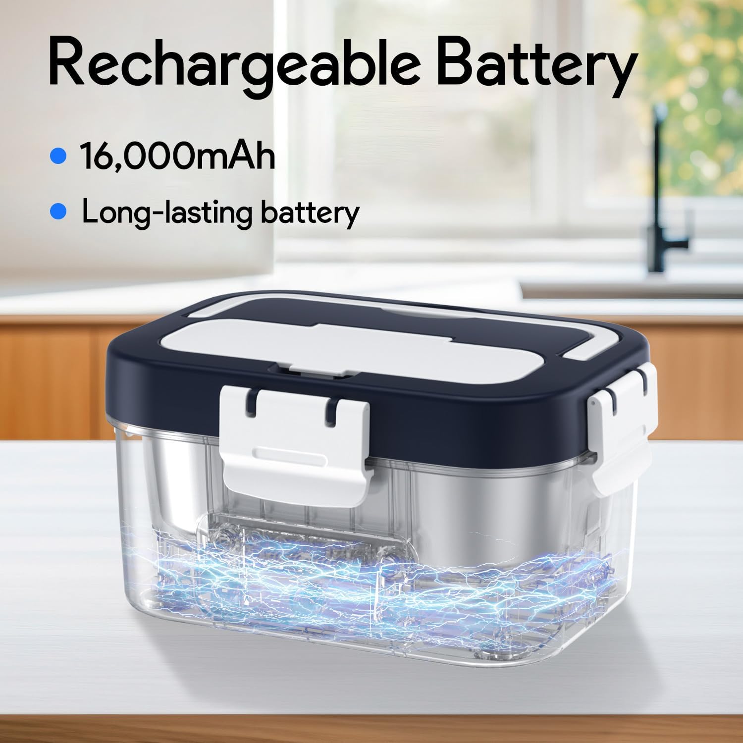 Cordless Electric Lunch Box, 6.75 Cup Automatic Food Warmer (212°F), Rechargeable Portable Heated Meal Container for Office, Travel, Outdoor（deep blue）
