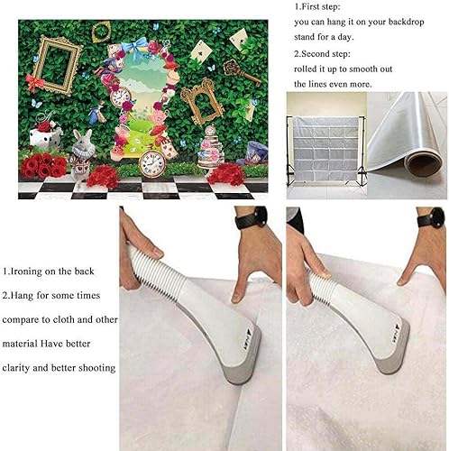 Miniatura 7 de Fondo de fiesta de té del país de las maravillas con hojas verdes, tablero de ajedrez, conejo, país de las maravillas, fondo para fotografía,