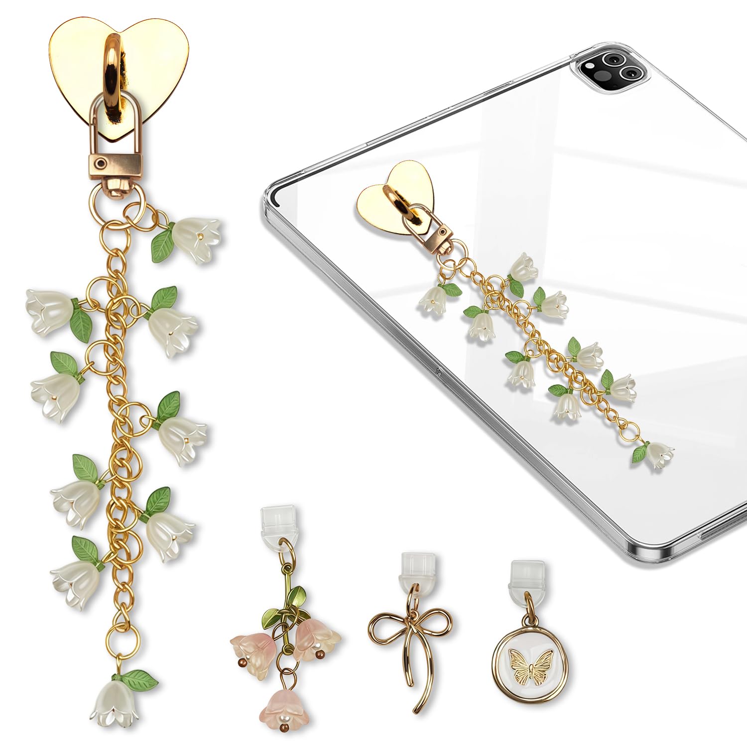 BATHRINS 5 PCS Kindle Charms Including Dust Plug Charm Type C/USB C, Cute Flower Chains Phone Charm with Heart Grip Holder, Compatible for Kindle Paperwhite/E-Reader/Phone - 1