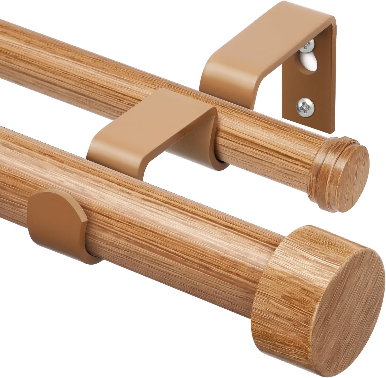 KAMANINA Double Curtain Rods for Windows 36 to 72 Inches, 1 Inch Heavy Duty Curtain Rods for Windows, Wood Grain Telescoping Drapery Rods with End Caps