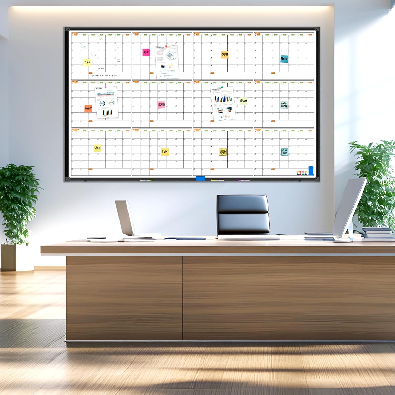 12 Month Calendar Whiteboard for Wall, 72" x 40" Large Wall Calendar Dry Erase with Tray, Magnetic Dry Erase Calendar for Wall Mounted Bulletin Board for Home Classroom Office Organization