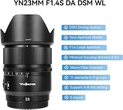 YONGNUO YN23mm F1.4 Lens w/Remote Controller, 23mm F1.4 Auto Focus Large Aperture APS-C Frame, Standard Prime Lens for Sony E Mount