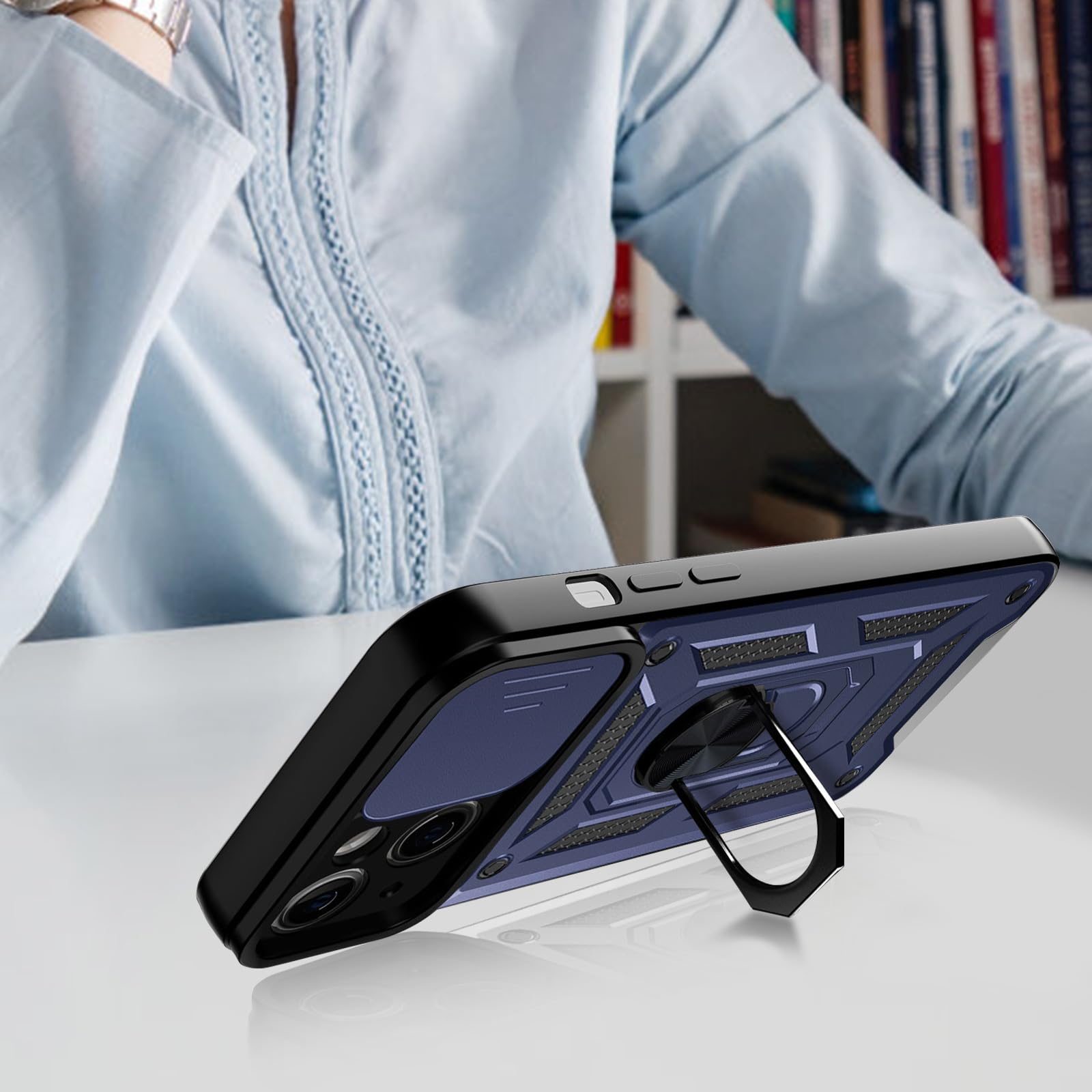 Custodia IPhone 15 Pro Con Protezione Fotocamera E Anello Metallico – Blu