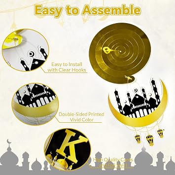 35PCS Ramadan Decorations, Eid Ramadan Mubarak Banner and Foil Hanging Swirl Streams Ceiling Decor for Home, Shining Gold Star Moon Lanterns Castles Ornament for Islamic Muslim Al-Fitr Party Supplies