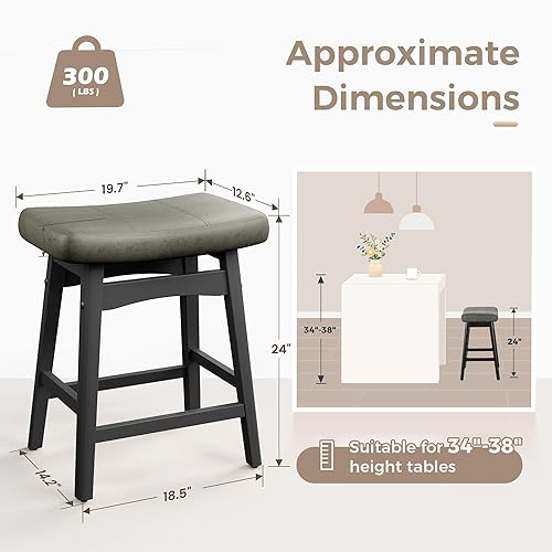 Miniatura 2 de MAISON ARTS Juego de 4 taburetes de bar grises para encimera de cocina, patas de madera maciza con asiento de silla de montar de piel sintética,