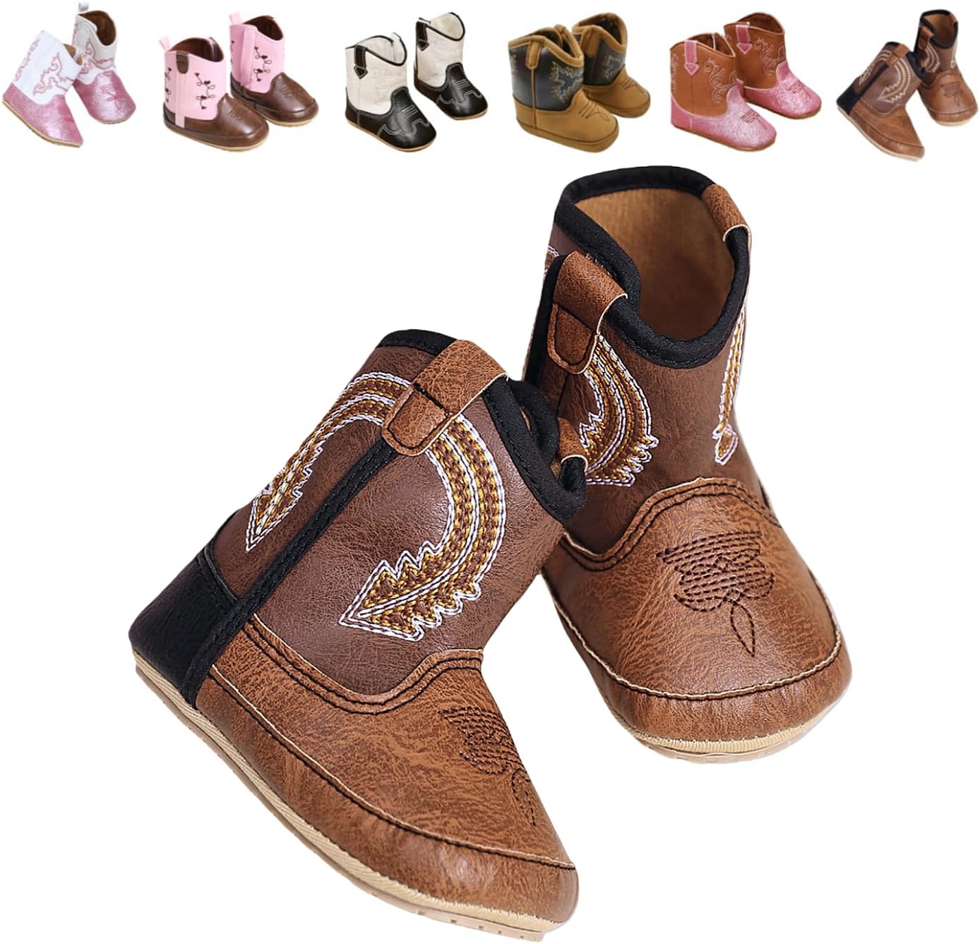 Baby Cowboy Boots for Boys & Girls Embroidery Western Baby Cowgirl Boots Infant Sequin Leather Baby Cowboy Boots Round Toe Ankle High Hook and Loop Shoes Slip-resistant Sole infant First Walker Newborn Soft Sole Flat Shoes