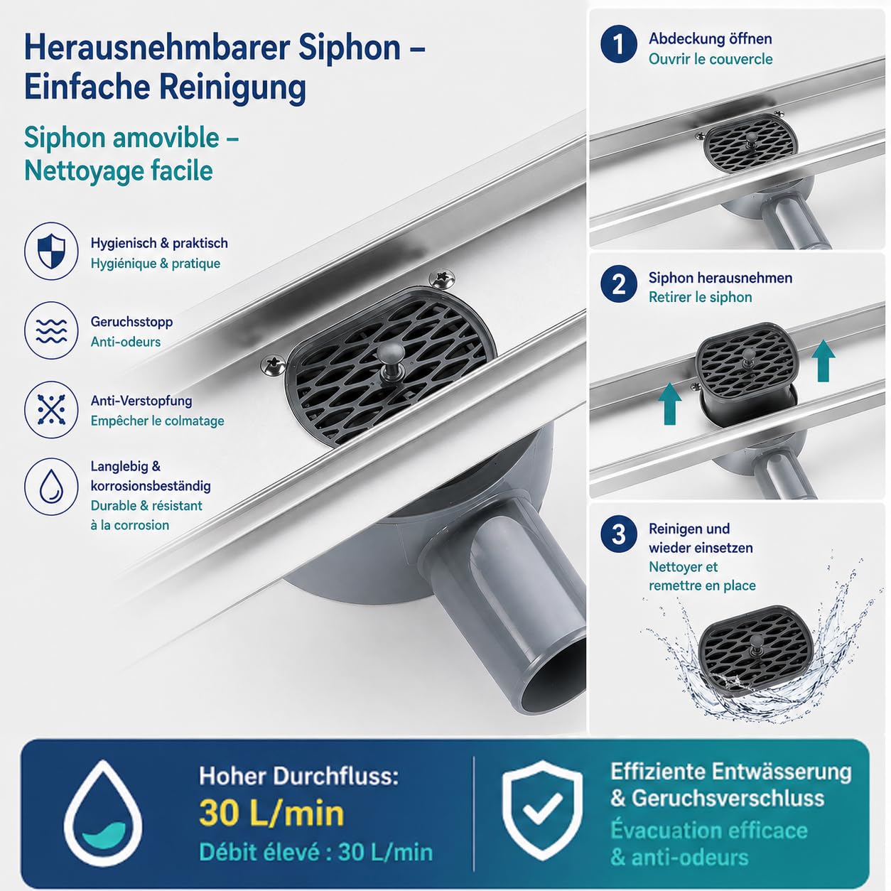 Duschrinne 80 cm Komplettset, Edelstahl 304 Ablaufrinne, 360° drehbarer Siphon, Extra Flache befliesbare Duschrinne mit Haarsieb – bodenebene Dusche 50-120cm