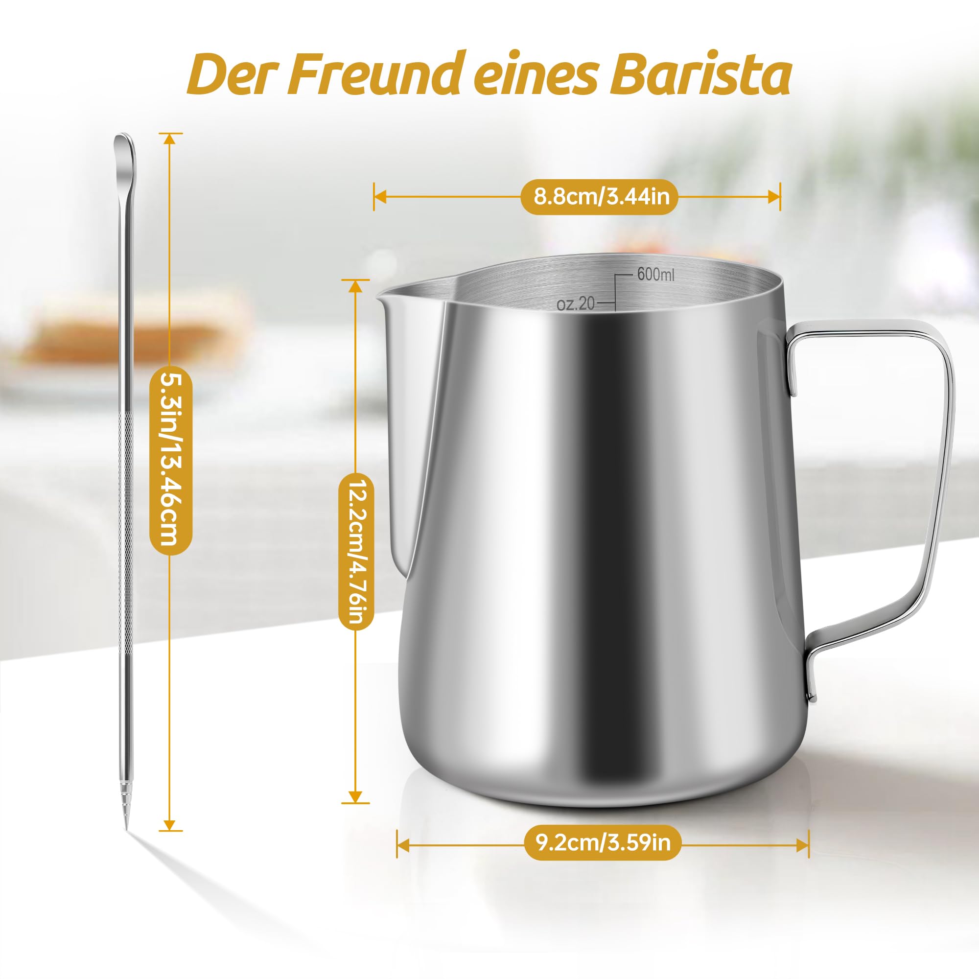 Milchkännchen, 600ml Milchkännchen Edelstahl mit Messung Mark, Milchkanne für Cappuccino, Espresso, Latte Art, Kaffeeliebhabe, 20 FL.oz