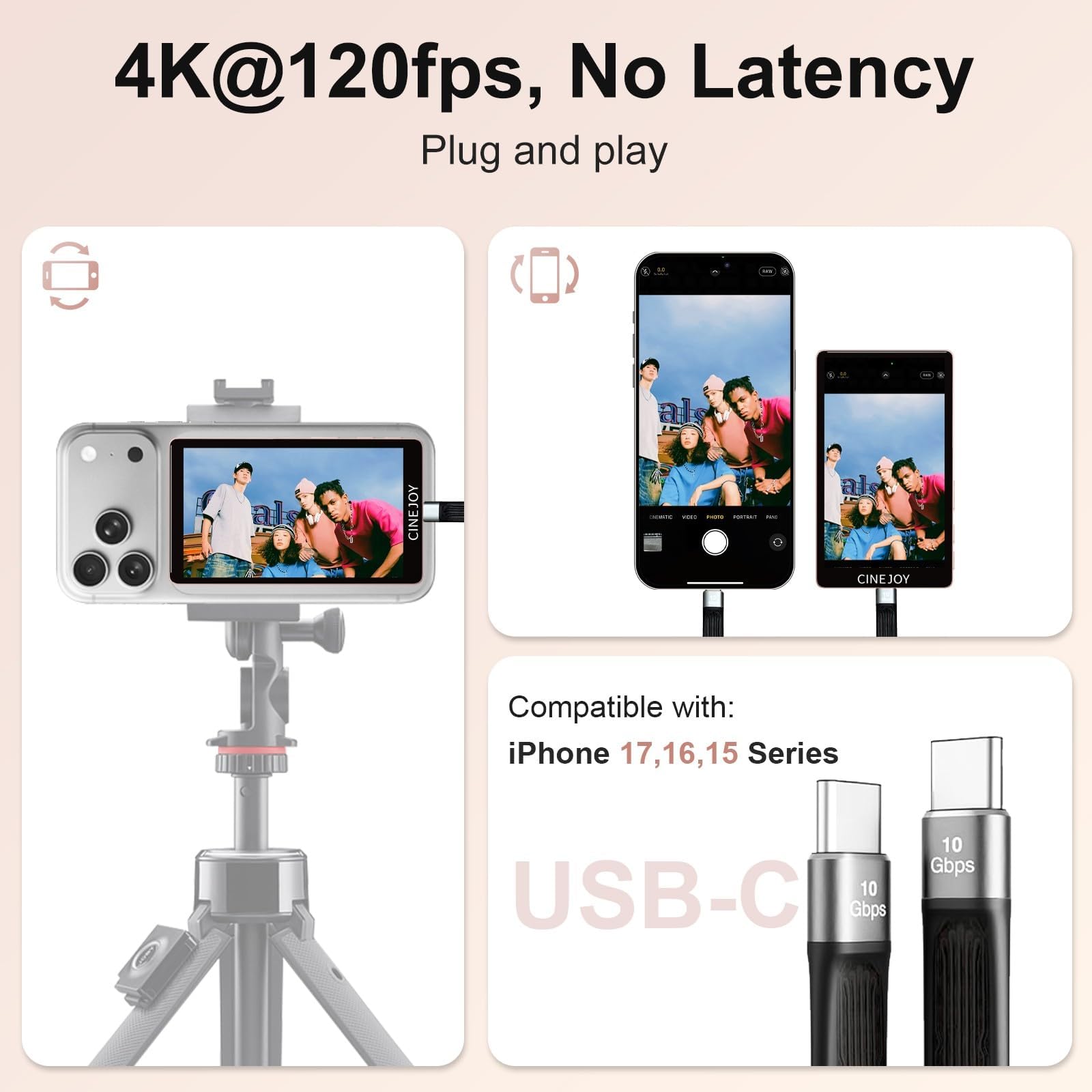 EACHSHOT CineJoy M2 Monitor Selfie Per IPhone 15/16/17 – 4.02” 4K A 120fps, Attacco Magnetico, Ingresso Microfono, Plug&Play, Leggero 72g – Rosa