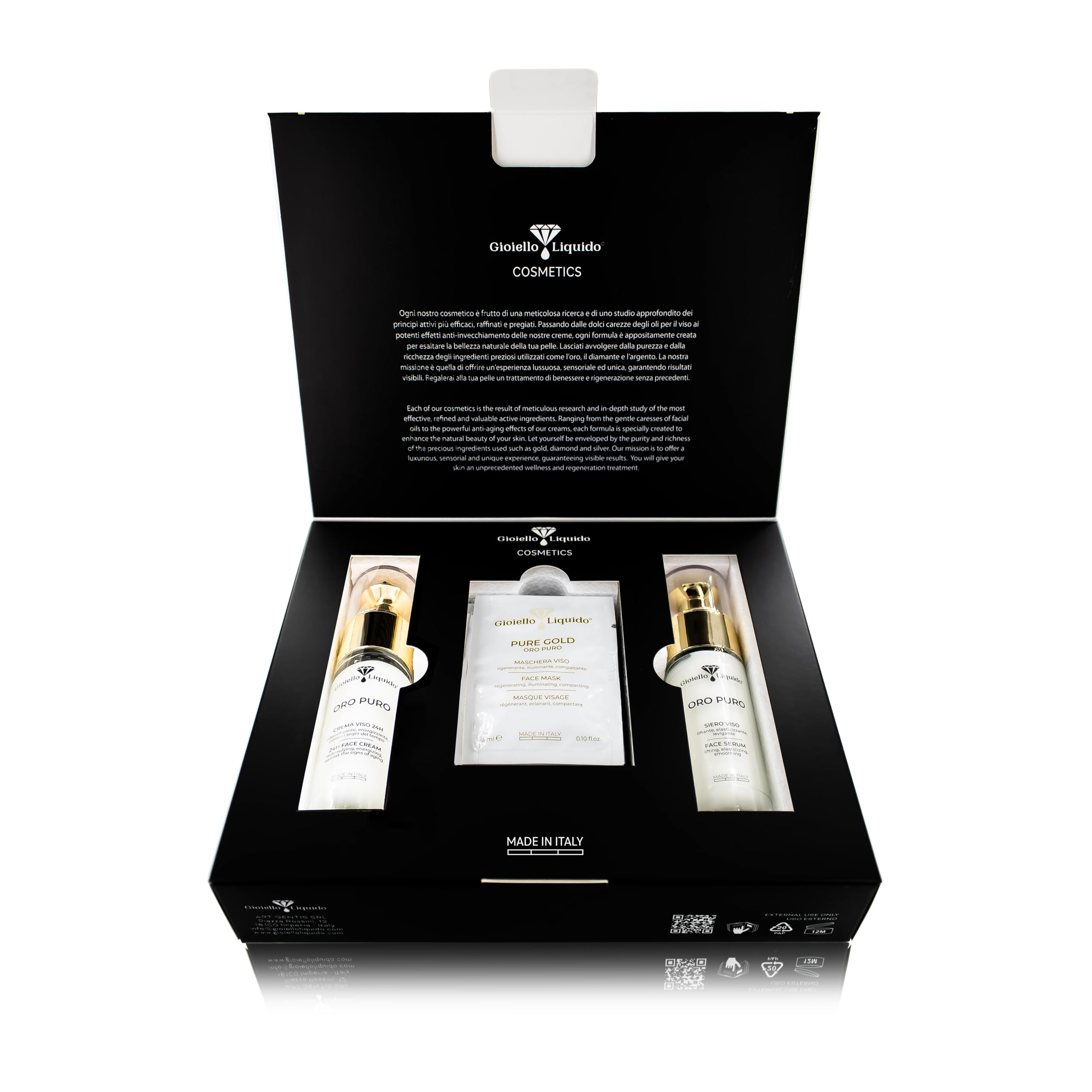 Geschenkbox: 1 Gesichtscreme mit Kollloidalgold, Damaszener Rose, X50 Antiaging + 1 Gesichtsserum mit PVP K 30, kolloidales Gold - Gratis Proben-Set - Box mit 30 ml - Gioiello Liquido