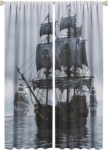 TOWINSFB Vintage Pirate Ship Blackout Curtains, Nautical Old Sailboat Ocean Home