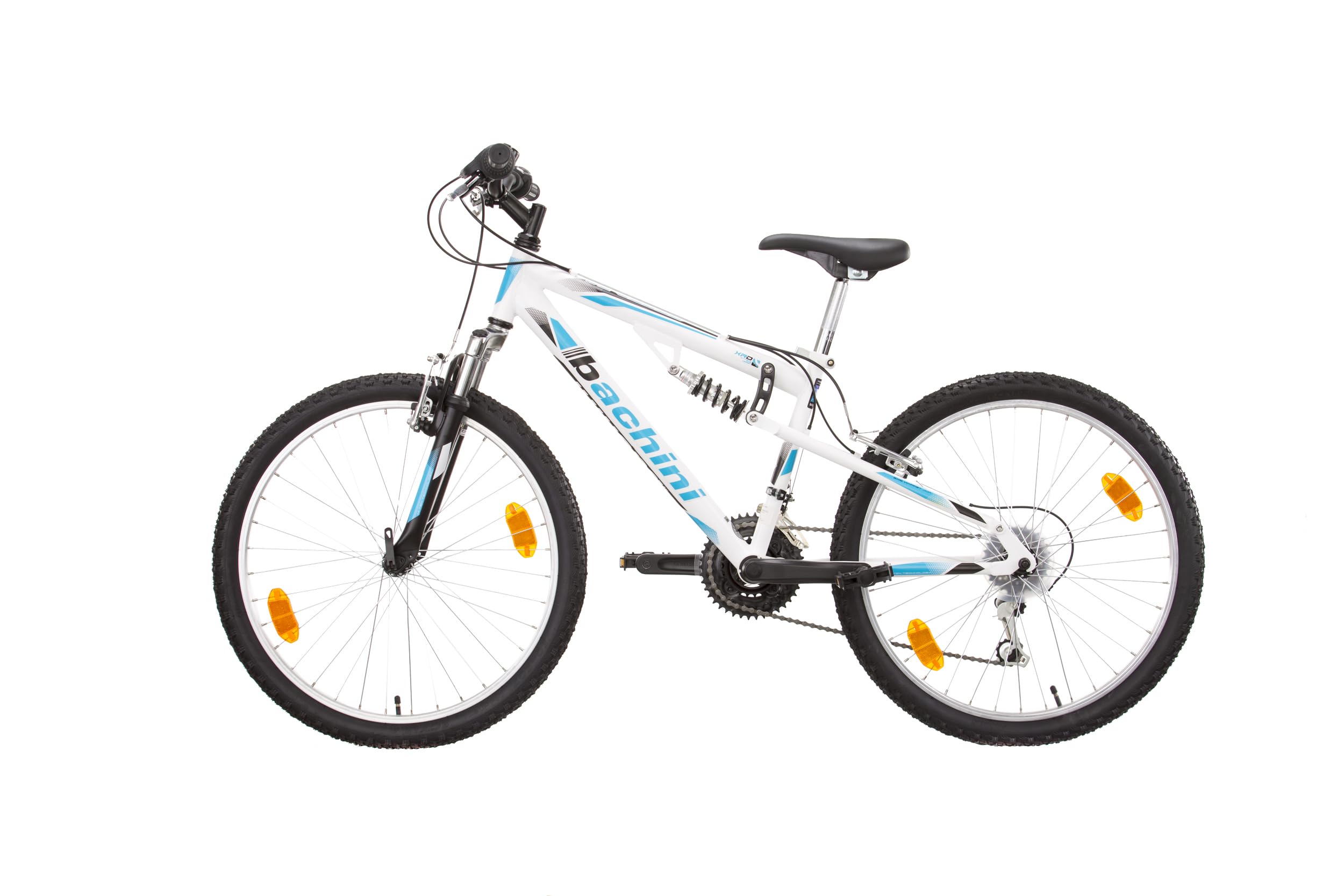 Multibrand Distribution Probike Speed Mountainbike, 24 Zoll, vollgefedert, 18 Gänge, für Jungen, Mädchenfahrrad, geeignet von 130 – 155 cm (weiß, blau, matt) Sport & Freizeit