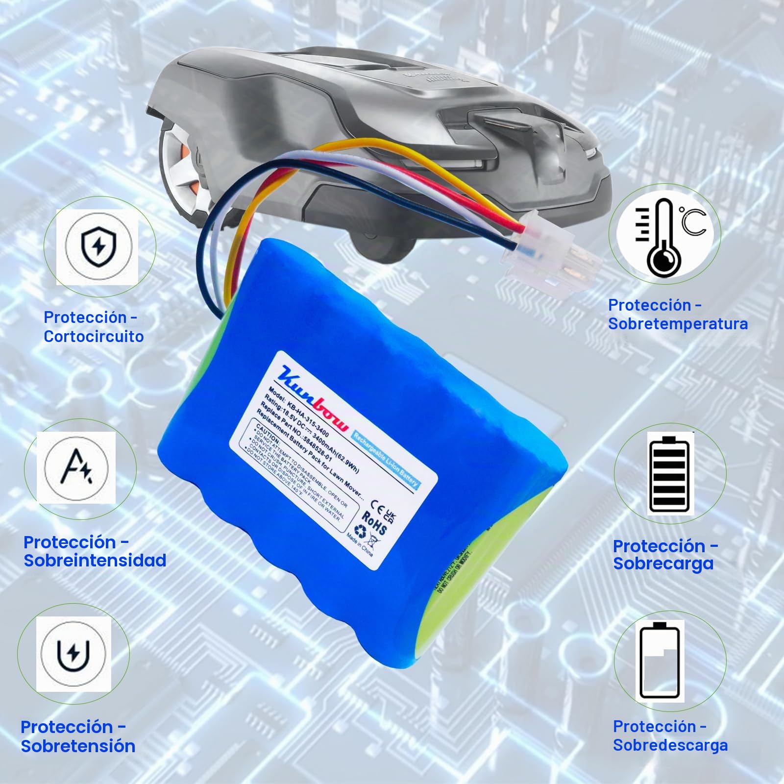Batería de repuesto para robot cortacésped Husqvarna Automower 310,315,5848228-01,5848228-02,5848528-01, 5895862-01, compatible con Gardena Sileno R100Li, R130Li, R166 0Li césped rojo Bot.